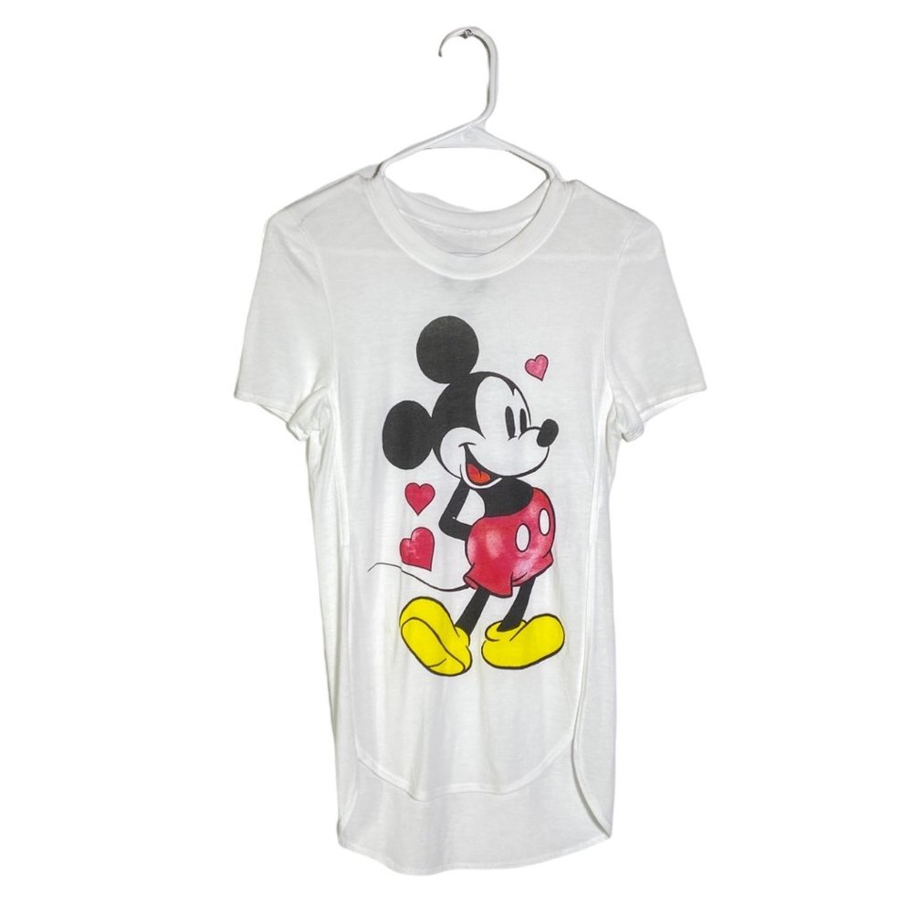4/$25 Disney Junior‎ T Shirt Mickey Mouse White Hi-Low Hem Side Slit /Size Small